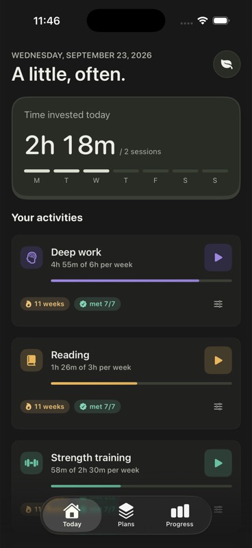 DayMarko Today screen showing personal activities and progress